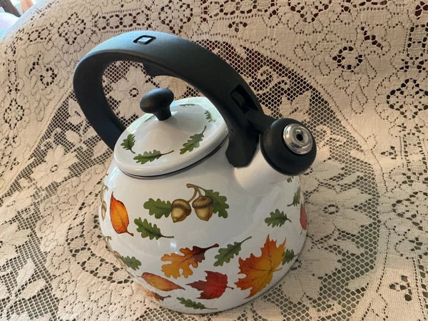 New Temp-tations 2.3-qt Enamel on Steel Tea Kettle Autumn.Fall Seasonal