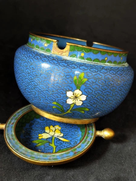 Chinese Antique Cloisonne Bowl Enamel Flowers Fine with Lid