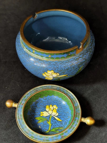Chinese Antique Cloisonne Bowl Enamel Flowers Fine with Lid