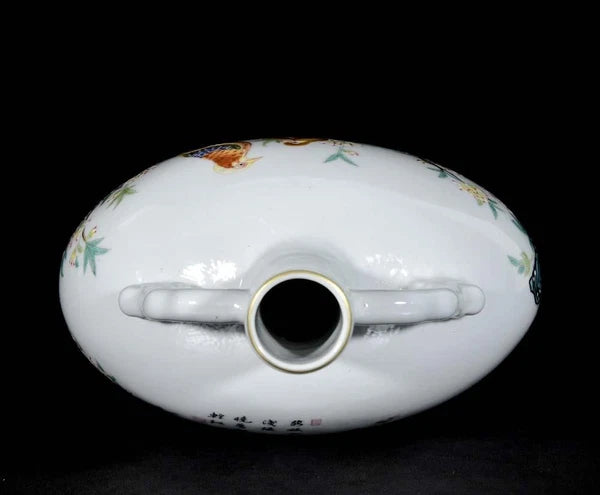 30CM Qianlong Signed Old Chinese Colour Enamel Vase W/bird N3353