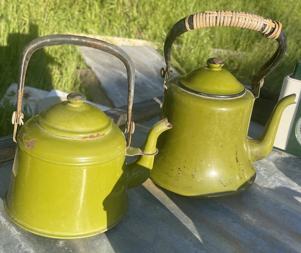 Vintage Collection Of Garden Green Enamelware Tea Pots Cups Container & Tray