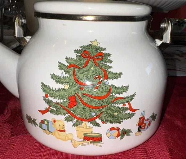 Christmas Tea Pot Vtg Enamel Wood Handle Christmas Tree Holiday Decor Kettle