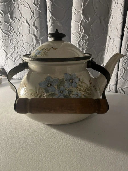 Mikasa Day Dreams Grande Chef Enamel Kettle Brass Handles Floral Blue Vintage