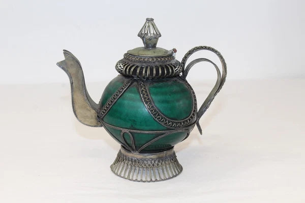 Chinese Middle Eastern Teapot Porcelain Metal Detailed Metal Accents Small Size