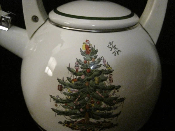 Spode Vintage Christmas Tree Metal Enamel Tea Pot Kettle, EUC