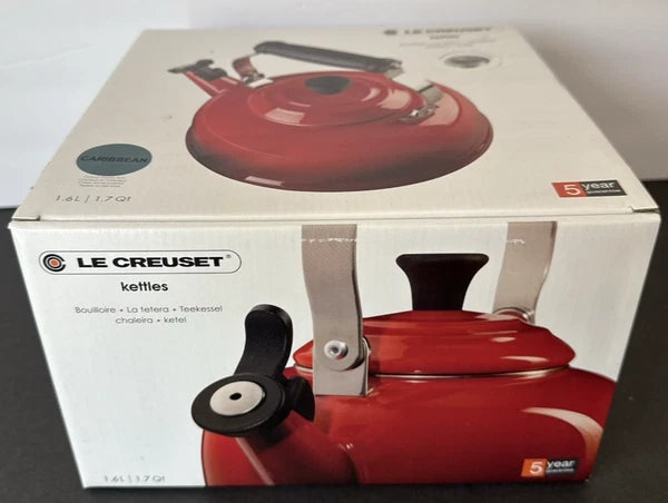 NEW! LE CREUSET Whistling Tea Kettle with Metal Finishes 1.7 qt. Caribbean BLUE