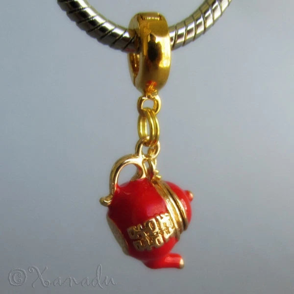 Red And Gold Double Happiness Asian Teapot European Pendant Charm Necklace