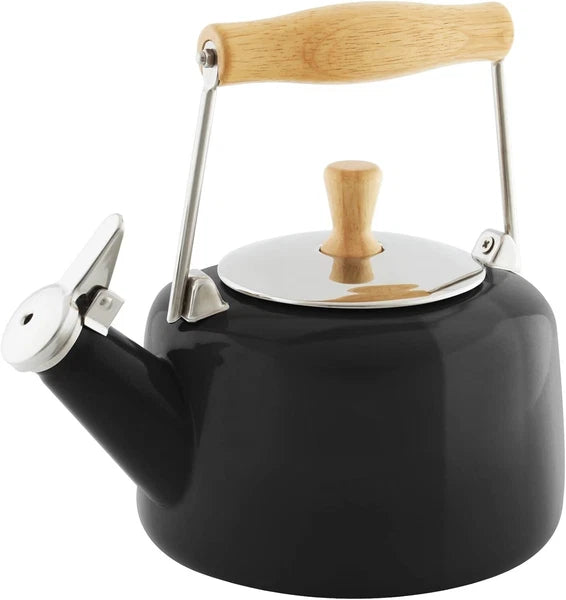 Elegant 1.4 Qt Black Enamel Whistling Teakettle with Rubberwood Stay-Cool Handle