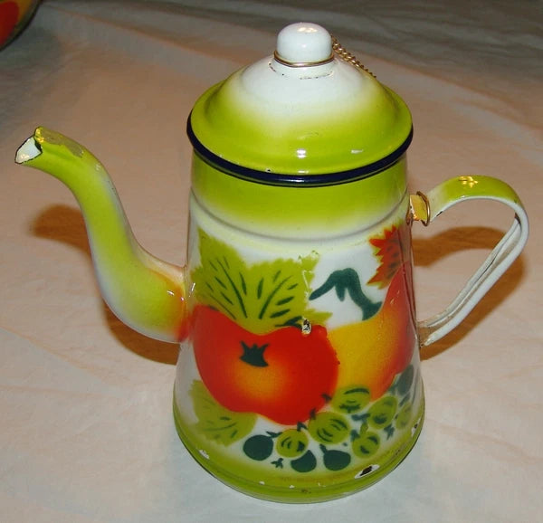 Lot Large Vtg Enamelware Serving Platter Plate Bowl Fruit Tea Pot Teapot Decor