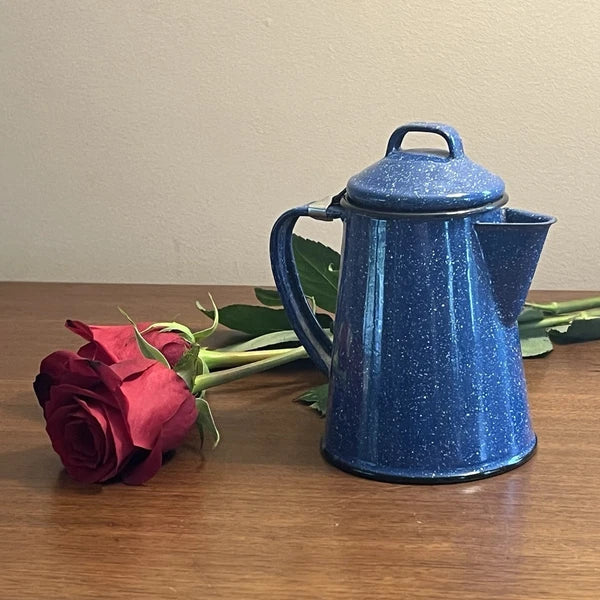 Vintage 8” Blue Enamel Graniteware Campfire Coffee Pot Speckled Decor K4