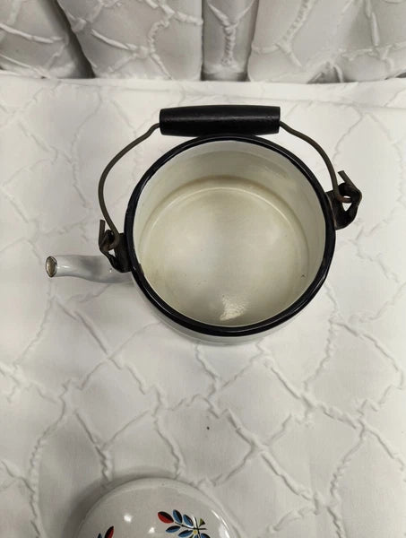 Vintage Enamelware Tea Kettle White With Fruit Design Wood Handle MCM