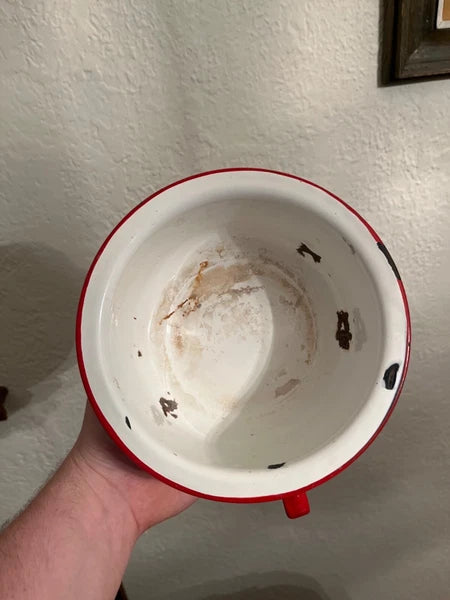 Large vintage enamel tea kettle with matching small basin