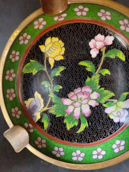 Chinese Vintage Cloisonne Bowl Cigarette stand Enamel Flowers Fine
