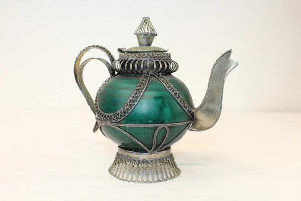 Chinese Middle Eastern Teapot Porcelain Metal Detailed Metal Accents Small Size