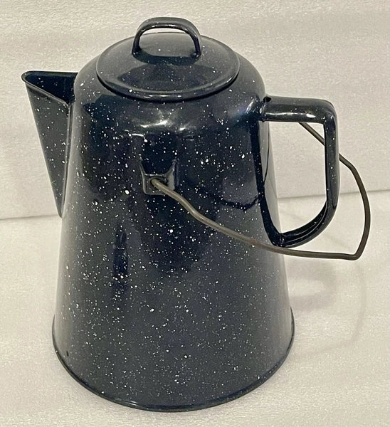 Vintage Black Speckled Graniteware 8 cup Camping Farmhouse Coffee Pot with lid