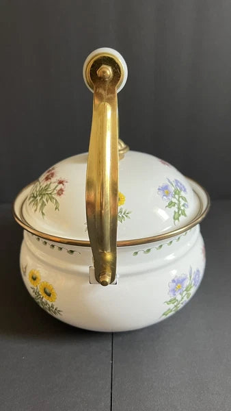 VINTAGE FLORAL TEA KETTLE ENAMEL Brass Handle
