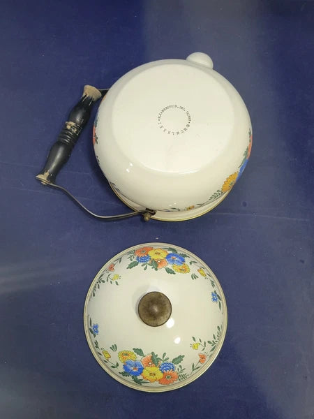 Vintage 1981 M. Kamenstein Enameled Floral Tea Kettle ~ Brass & Wood Handle