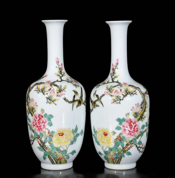 Qianlong Signed Pair Old Chinese Colour Enamel Vase W/bird N3736