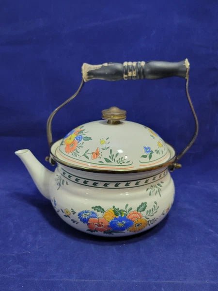 Vintage 1981 M. Kamenstein Enameled Floral Tea Kettle ~ Brass & Wood Handle