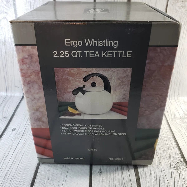 Creative Home Ergo Whistling Tea Kettle 2.25 Qt Porcelain Enamel on Steel New