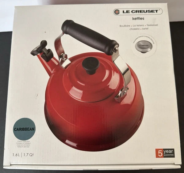 NEW! LE CREUSET Whistling Tea Kettle with Metal Finishes 1.7 qt. Caribbean BLUE