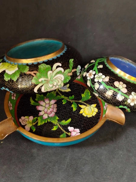 Chinese Vintage Cloisonne Bowl Cigarette stand Enamel Flowers Fine