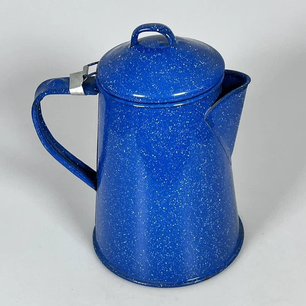 Vintage 8” Blue Enamel Graniteware Campfire Coffee Pot Speckled Decor K4