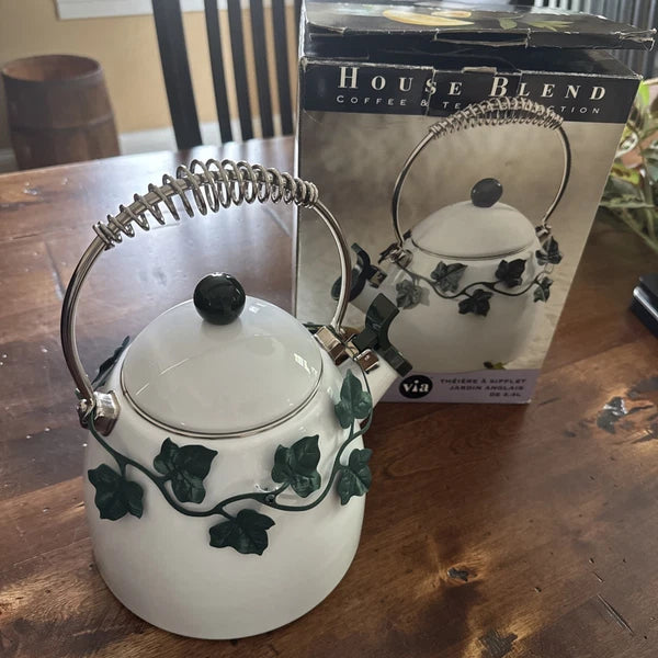 Irish Shamrock Whistling Tea Kettle Enamel Vintage -New Original Box