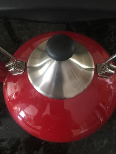 Vintage CHANTAL Whistling Tea Kettle Teapot Stovetop Enamel Red &  Silver Top