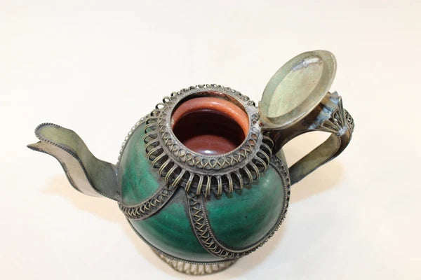 Chinese Middle Eastern Teapot Porcelain Metal Detailed Metal Accents Small Size