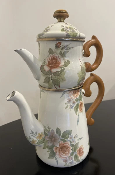 MacKenzie Childs Stacked Camp Yellow Roses Enamel Teapot & Cream