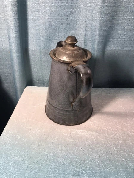 Early Gray Agate Ware Granite Enamel Coffee Tea Pot Cowboy Tin Lid Camping