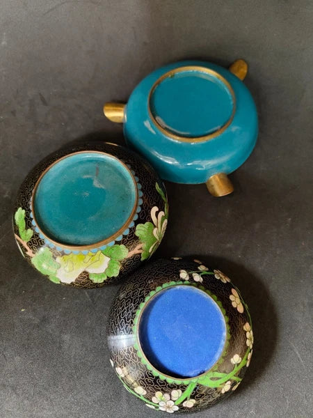 Chinese Vintage Cloisonne Bowl Cigarette stand Enamel Flowers Fine