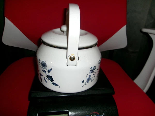 tea kettle white and blue flowers on it made in thailand