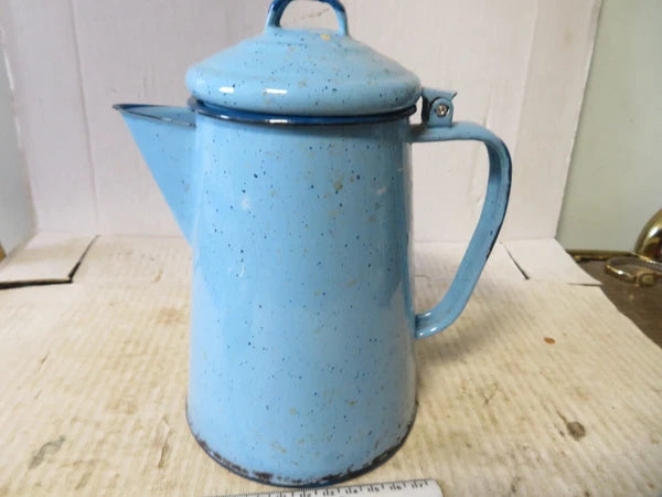 Vintage 6 Cup Blue Enamel Coffee Pot 7.75" Tall Collectible Enamelware Speckled