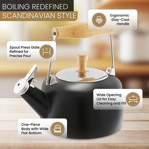 Elegant 1.4 Qt Black Enamel Whistling Teakettle with Rubberwood Stay-Cool Handle