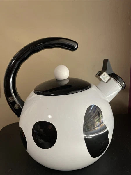C & R Black & White Open Handled Whistling Tea Kettle Japan