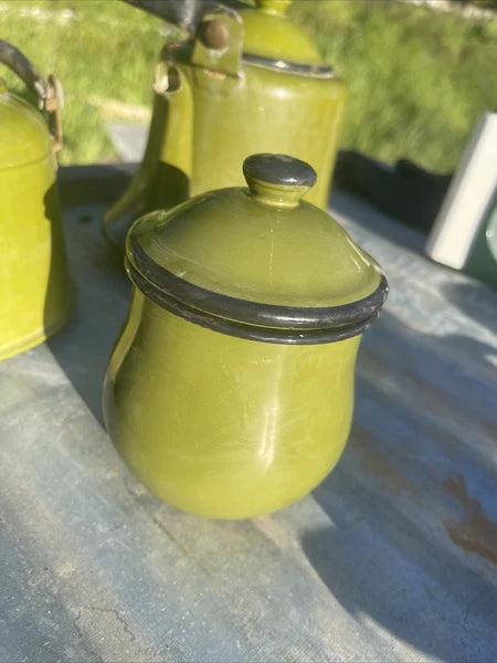 Vintage Collection Of Garden Green Enamelware Tea Pots Cups Container & Tray