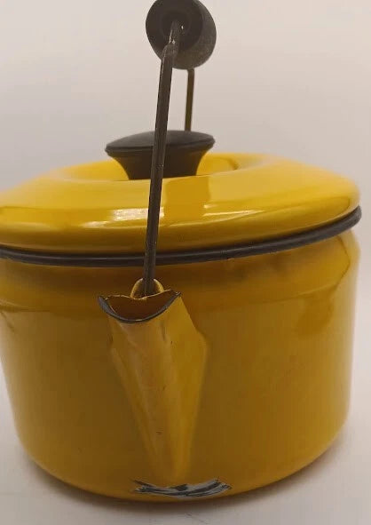 Bright Yellow Tea Kettle With Black Trim & Rust * For Decor Only *