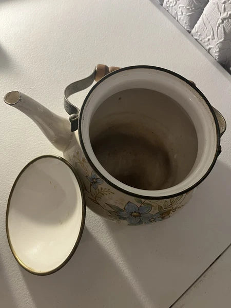 Mikasa Day Dreams Grande Chef Enamel Kettle Brass Handles Floral Blue Vintage