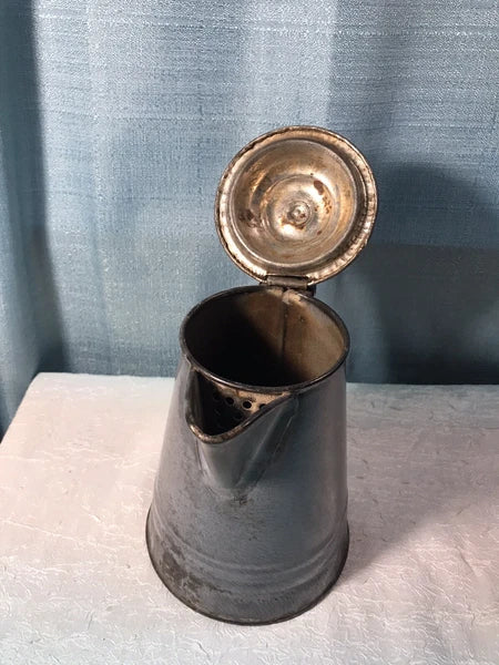 Early Gray Agate Ware Granite Enamel Coffee Tea Pot Cowboy Tin Lid Camping