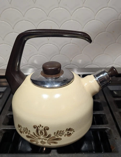 Rare Vintage Pfaltzgraff Village Enamelware Whistling Tea Kettle MCM Tea Pot