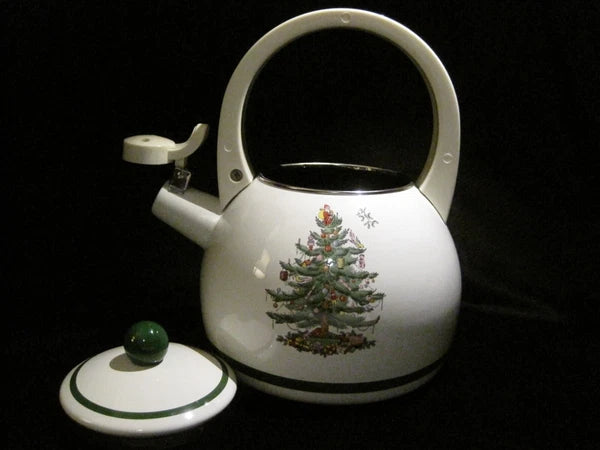 Spode Vintage Christmas Tree Metal Enamel Tea Pot Kettle, EUC