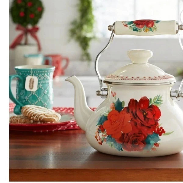 Pioneer Woman Teapot Kettle 1.9 Quart Farmhouse Decor Cheerful Rose Mother Gift