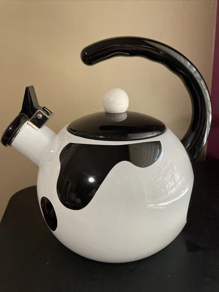 C & R Black & White Open Handled Whistling Tea Kettle Japan