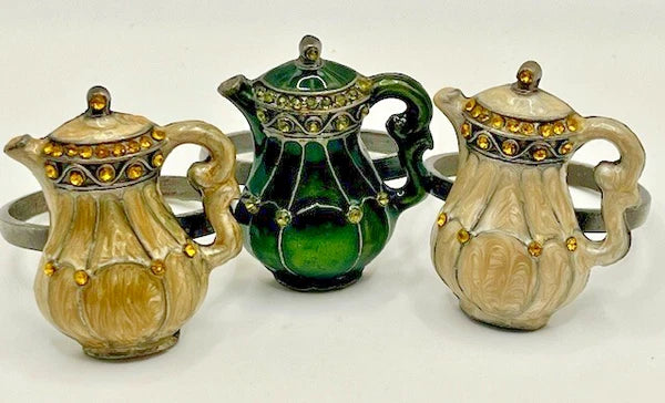Napkin Rings Enamel & Rhinestone Teapots Set of 3 Green and Gold Classy Country