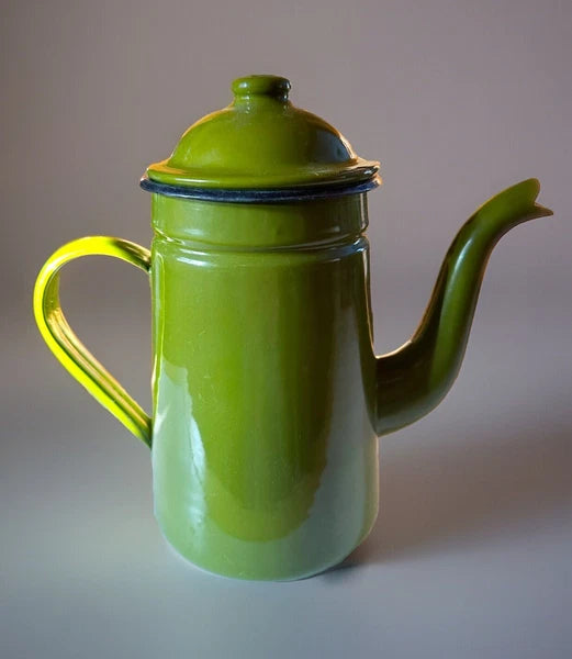 Vintage Green Avocado Graniteware Coffee Pot Black Trim L@@K Chips Tea Pot