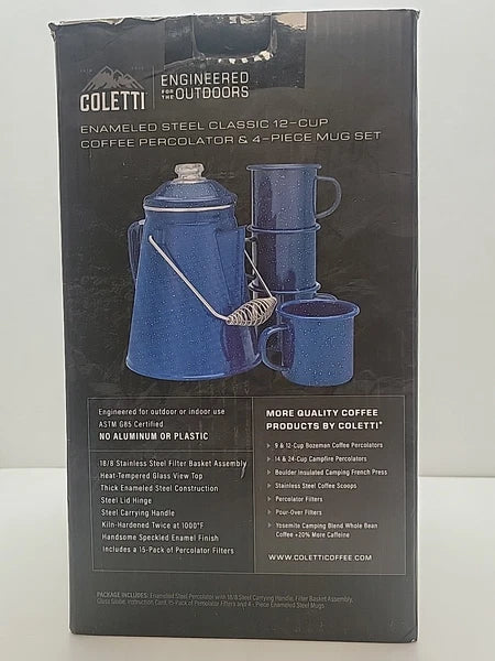 COLETTI Classic Camping Coffee Pot & Enamel Mug Set  Percolator Blue Glass Broke