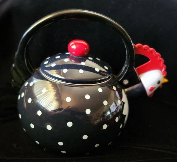 New Supreme Housewares Novelty Enamel Whistling Rooster Tea Kettle, Poka-dot