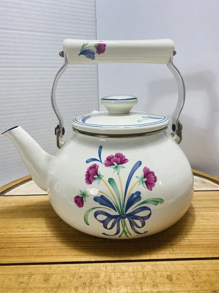 Lenox Poppies on Blue Metal Enamel Tea Kettle Teapot with Lid Nice Condition